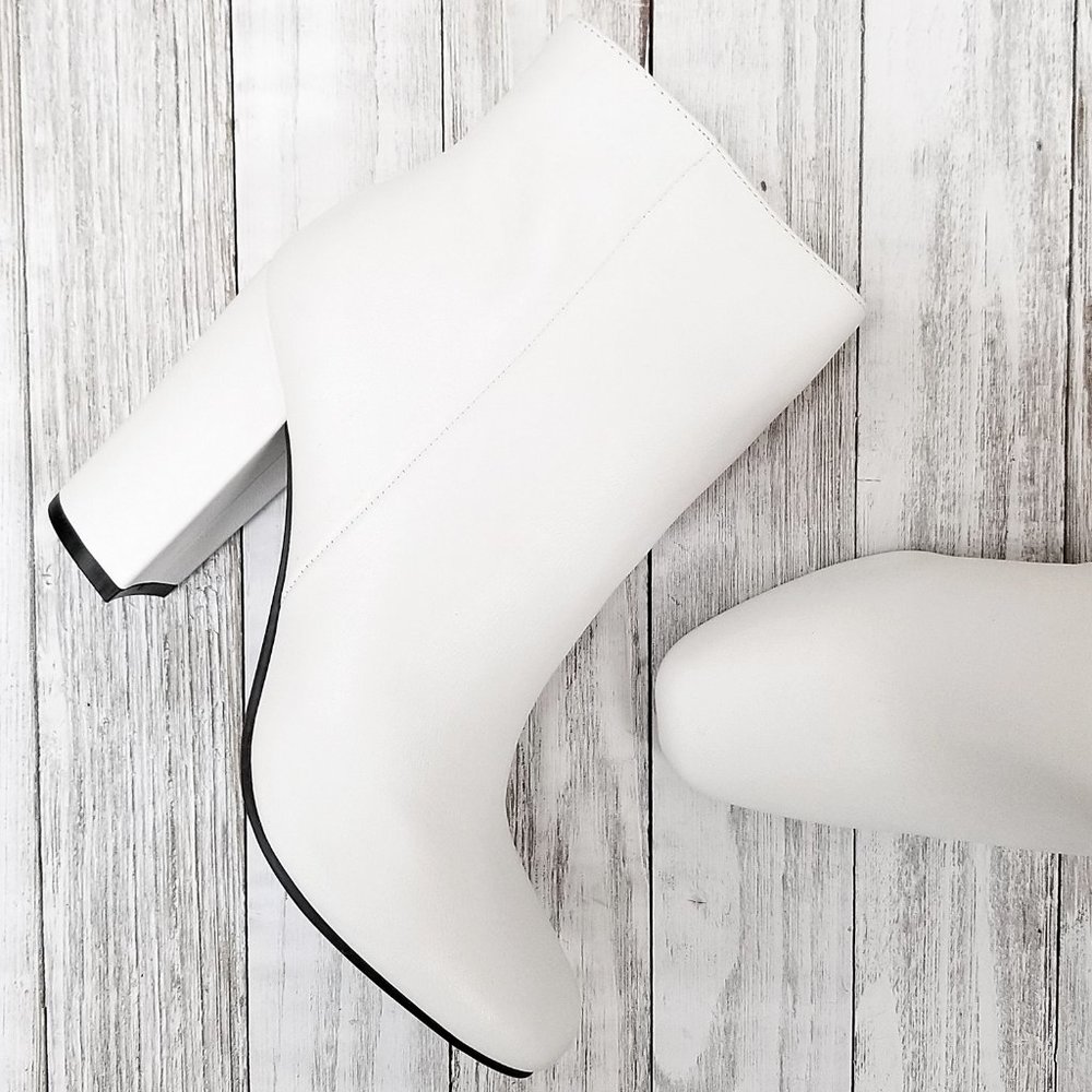 New White Chunky Heel Square Toe Bootie Ankle Boot